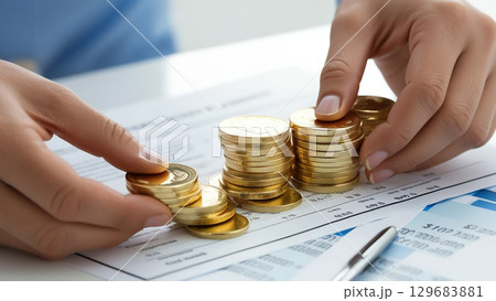 Close up of hands stacking gold coins on financial document, signifying gold investment planning and financial growth 129683881