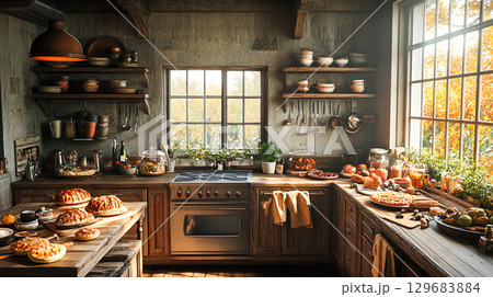 rustic kitchen filled with aroma of baked goods, featuring wooden shelves, fresh produce, and warm lighting. inviting atmosphere enhances culinary experience rustic kitchen filled with aroma of baked goods, featuring wooden shelves, fresh produce, and warm lighting. inviting atmosphere enhances culinary experience 129683884
