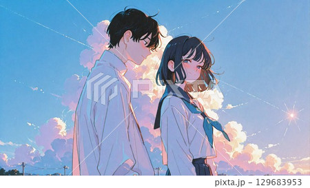 夕暮れの空と男女 129683953