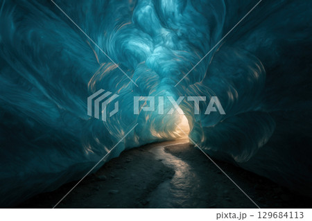 Glacier Ice Cave With Meltwater Stream Toward Light 129684113