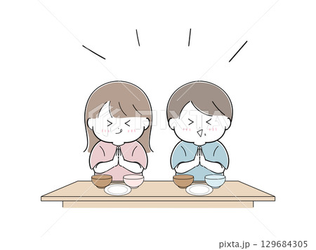 ごちそうさまの子どもイラスト(食器あり) ごちそうさまの子どもイラスト(食器あり) 129684305