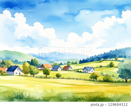 水彩で描かれたのどかな田園風景(青空と家々) 水彩で描かれたのどかな田園風景(青空と家々) 129684312
