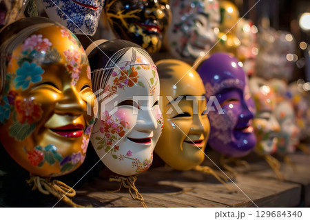 カラフルな日本の伝統的なお面 カラフルな日本の伝統的なお面 129684340