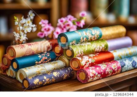 美しい和柄の着物生地、色とりどりの織物 129684344