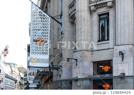 Facade of Hard Rock Cafe Budapest in popular Vaci commercial district in downtown Budapest, Hungary 129684424