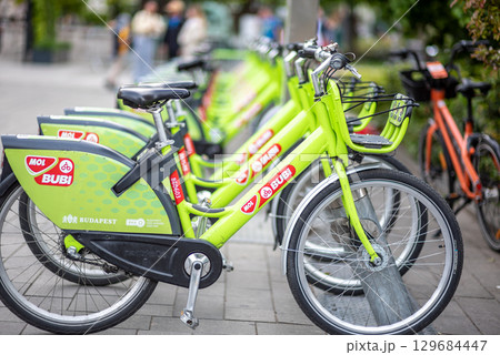 Row of green MOL Bubi rental bicycles parked on a city street in Budapest, Hungary 129684447