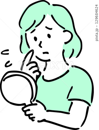 鏡で肌の状態を気にする女性のイラスト 鏡で肌の状態を気にする女性のイラスト 129684624
