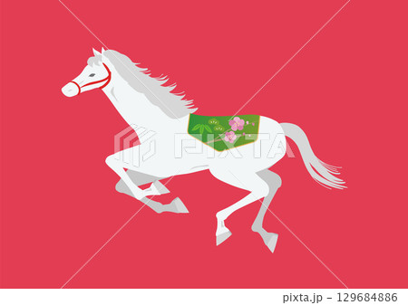 年賀状 デザイン用　走る白い馬のイラスト 129684886
