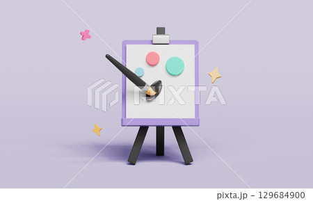 Painting Easel Canvas and Brush Icon. 3D Rendering. Painting Easel Canvas and Brush Icon. 3D Rendering. 129684900