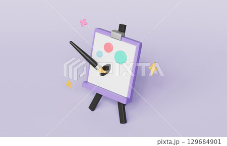 Painting Easel Canvas and Brush Icon. 3D Rendering. Painting Easel Canvas and Brush Icon. 3D Rendering. 129684901