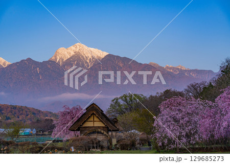 【山梨県北杜市武川町】水車の里公園　桜と水車と南アルプス　夜明け 129685273