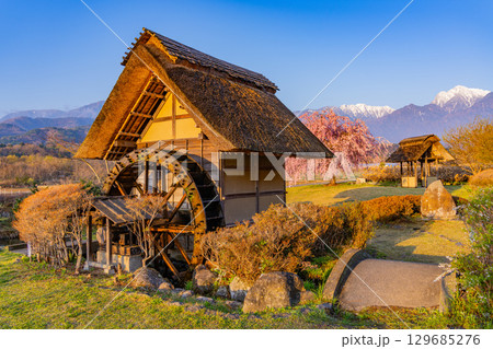 【山梨県北杜市武川町】水車の里公園　桜と水車と南アルプス　夜明け 129685276