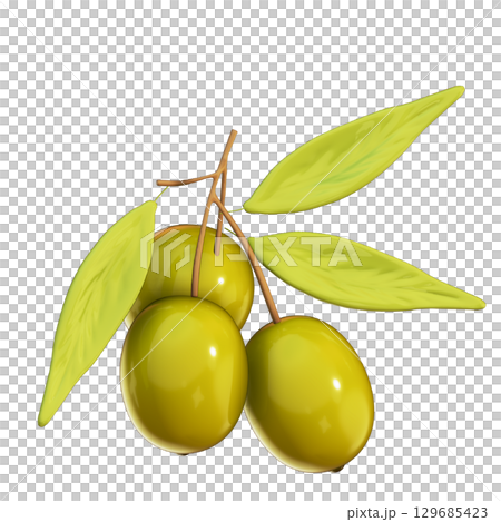 Realistic 3D Olive Cluster on Twig Illustration with Transparent Background 129685423