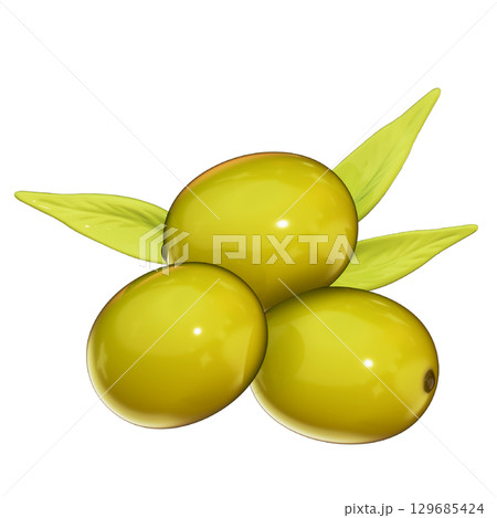 Realistic 3D Olive Illustration with Leaf Isolated with Transparent Background 129685424