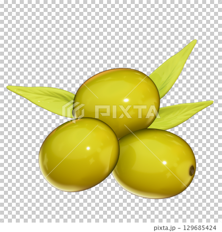 Realistic 3D Olive Illustration with Leaf Isolated with Transparent Background 129685424