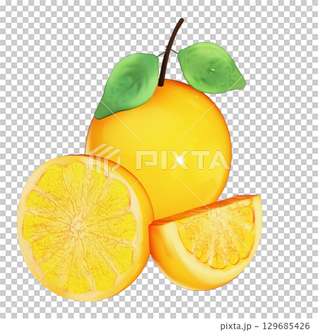 Realistic 3D Orange Set: Whole and Halved Fruit Illustration with Transparent Background 129685426