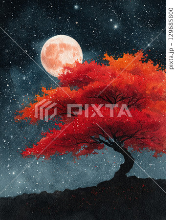 赤い紅葉と月と星空の風景画　AI画像 129685800