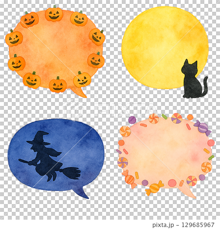 水彩萬聖節對話泡泡套裝:南瓜燈、黑貓、女巫、糖果、插畫素材 水彩萬聖節對話泡泡套裝:南瓜燈、黑貓、女巫、糖果、插畫素材 129685967