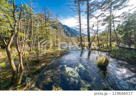「長野県」秋の美しい岳沢湿原の風景　上高地 129686017