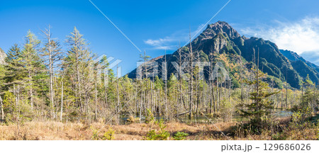 「長野県」秋の美しい岳沢湿原の風景　上高地 129686026
