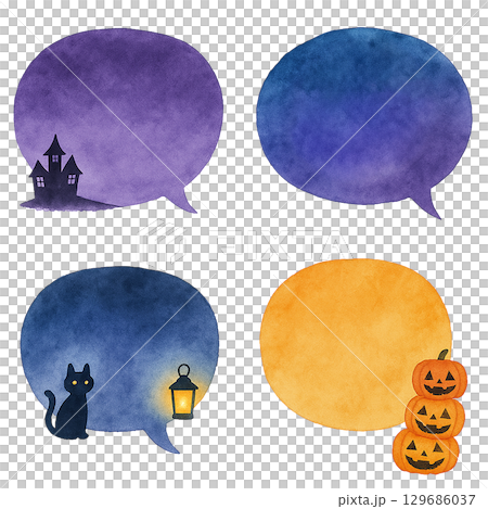 Watercolor Halloween speech bubble set: castle, black cat and lantern, pumpkin, night sky, illustration material 129686037