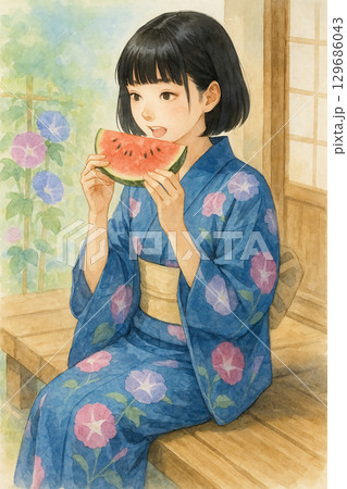 縁側でスイカを食べている少女と朝顔 129686043