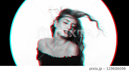 Beautiful woman with long wavy flying hair sensual studio portrait in RGB color split effect style Beautiful woman with long wavy flying hair sensual studio portrait in RGB color split effect style 129686096