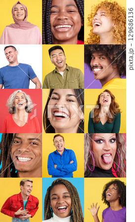 Mosaic of happy people smiling in studio 129686136