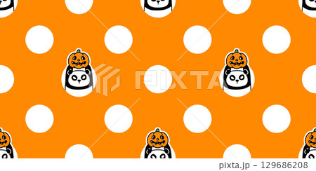 panda bear seamless pattern pumpkin halloween cartoon jack o lantern polar bear vector doodle teddy polka dot tile background gift wrapping paper scarf isolated repeat wallpaper illustration design 129686208