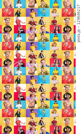 Infinite mosaic of people listening music with mobile and headphones 129686217