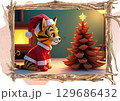 トラ猫ちゃん　松ぼっくりのクリスマスツリー見て幸せそう　イラストカード 129686432