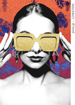 Woman portrait with classic hairstyle and golden retro sunglasses Woman portrait with classic hairstyle and golden retro sunglasses 129687090