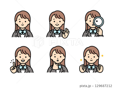女子学生の表情イラストセット 上半身 129687212