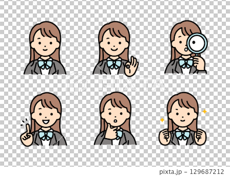 女子学生の表情イラストセット 上半身 129687212