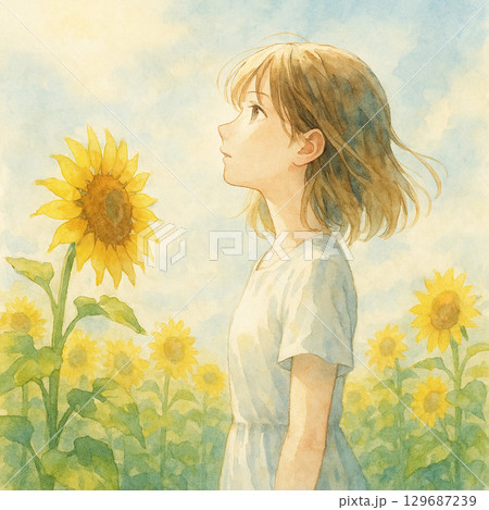 青空を見上げ向日葵畑にたたずむ少女 129687239