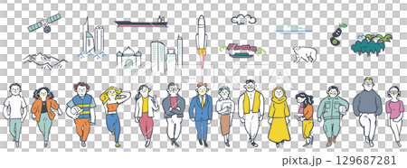 産業界で求められるグローバルな人材　セットのストックイラスト 129687281