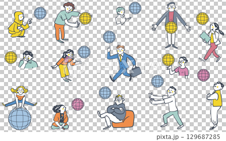 地球を駆け回るグローバルは人材 セットのストックイラスト 地球を駆け回るグローバルは人材 セットのストックイラスト 129687285