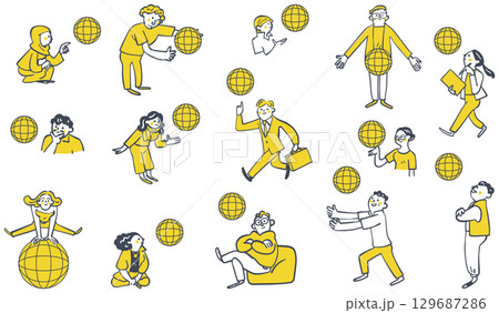 地球を駆け回るグローバルは人材 セットのストックイラスト 地球を駆け回るグローバルは人材 セットのストックイラスト 129687286