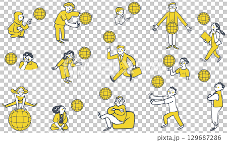 地球を駆け回るグローバルは人材 セットのストックイラスト 地球を駆け回るグローバルは人材 セットのストックイラスト 129687286