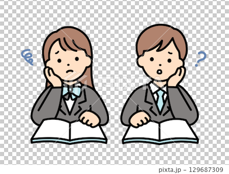 Illustration material of male and female students worried while studying 129687309