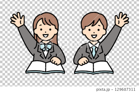 Illustration material of male and female students raising their hands during class 129687311