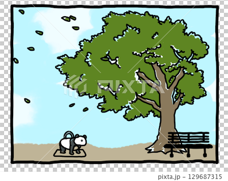 [Blog material] A park scene with benches and a panda spring playground under a blue sky 129687315
