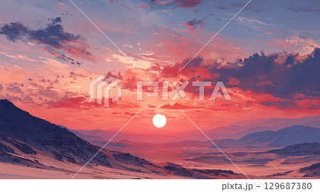 遠方の異世界の山々を染める深紅の夕焼け 129687380
