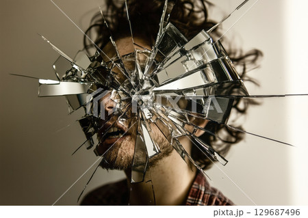 Surreal portrait of a man in the reflection of a broken mirror Surreal portrait of a man in the reflection of a broken mirror 129687496