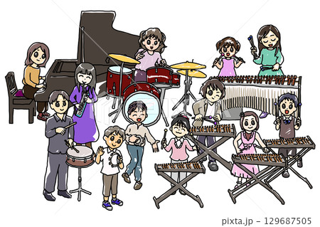 【教育・音楽イベント向け素材】打楽器を奏でる男女のイラスト 129687505