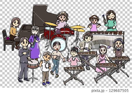【教育・音楽イベント向け素材】打楽器を奏でる男女のイラスト 129687505