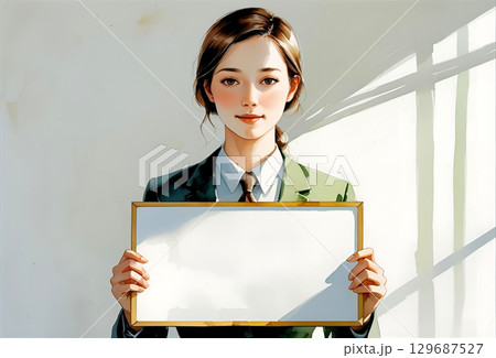 ホワイトボードを持っている若いビジネスウーマンの水彩画風イラスト 129687527