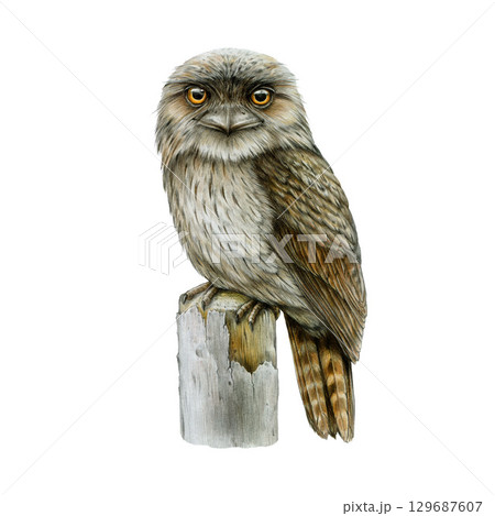 Tawny frogmouth on the wooden perch vintage style hand drawn illustration isolated on white background. Podargus strigoides Australian wildlife nocturnal bird 129687607