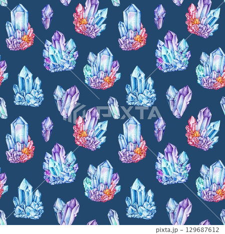 Crystal minerals seamless pattern decor element on dark blue background. Hand drawn watercolor illustration. Vibrant colorful multicolor gemstone decoration pattern for textile, print, packaging Crystal minerals seamless pattern decor element on dark blue background. Hand drawn watercolor illustration. Vibrant colorful multicolor gemstone decoration pattern for textile, print, packaging 129687612