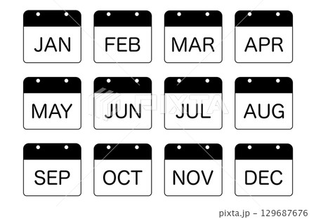 シンプル年間カレンダー　英語短縮モノクロ 129687676
